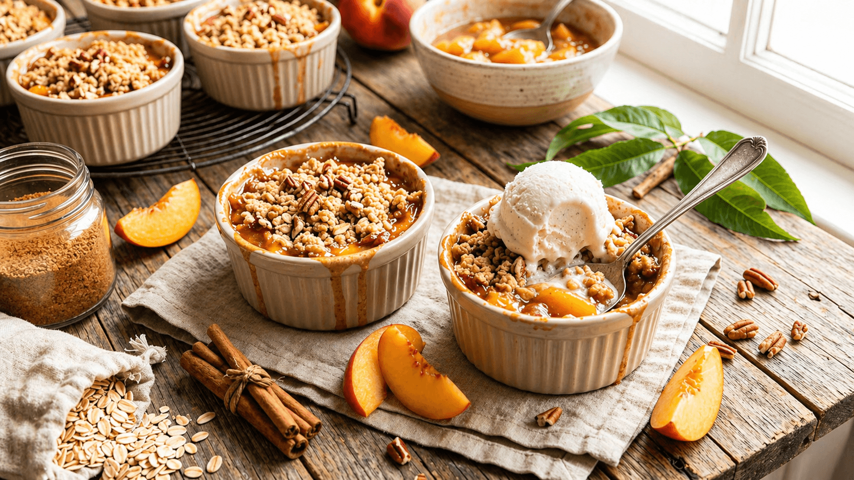 Peach Cobbler Cups Delight: Warm, golden cobblers with crunchy oat-pecan tops and melting ice cream&mdash;cozy dessert perfection. Save this idea so you can come back to it later.