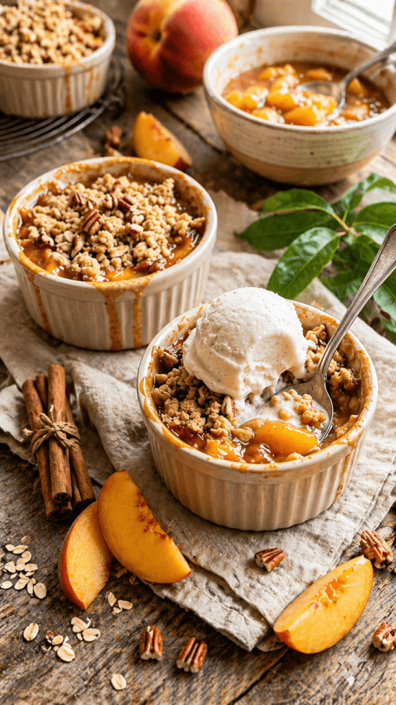 Peach Cobbler Dessert: Cozy, golden ramekins with oat-crumble and creamy vanilla ice cream—ideal for easy gatherings. Save this idea so you can come back to it later.
