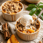 Peach Cobbler Cups Delight: Warm, gooey cobbler with ice cream, crunchy oat topping, fresh peach garnish—ultimate comfort treat. Save this idea so you can come back to it later.