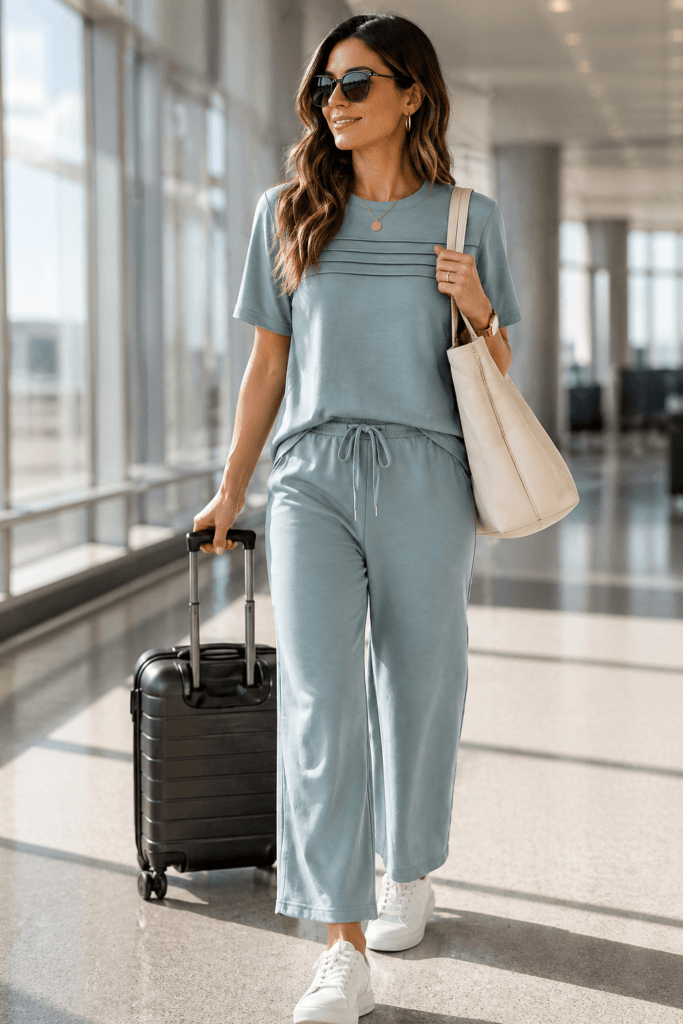 Chic Airport Style: Effortless traveler in soft blue lounge set, sunglasses, beige tote, sleek suitcase—ideal for comfy journeys. Save this idea so you can come back to it later.