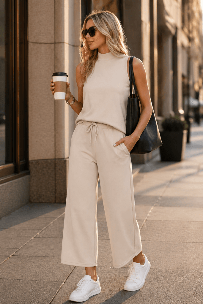 Chic City Stroll: Effortless style in a soft beige set, white sneakers & coffee—perfect for busy mornings. Save this idea so you can come back to it later.