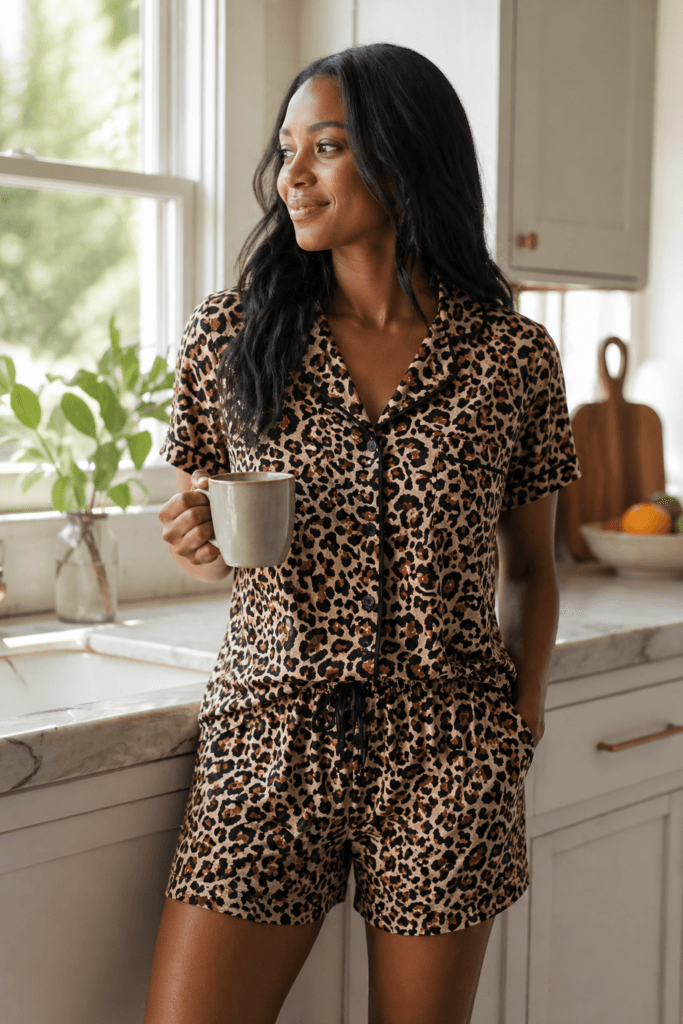 Leopard Lounge Morning: Cozy woman in soft leopard set with hot mug, lush plants, and fresh fruit for ultimate comfort. Save this idea so you can come back to it later.