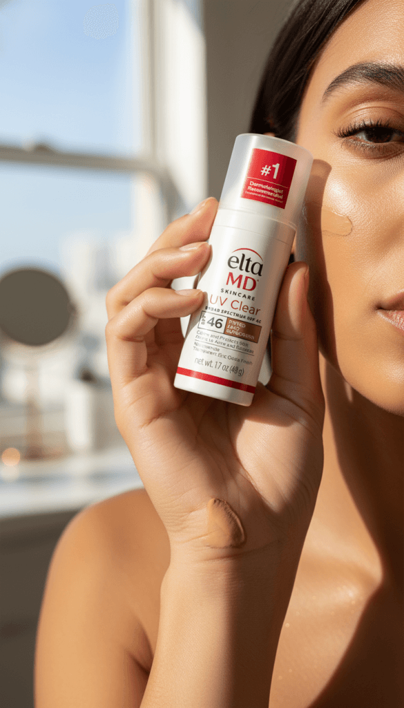 Summer Glow Sunscreen Routine: Radiant woman with a touch of silky EltaMD SPF 46, glowing skin in sunlit bathroom&mdash;perfect for daily protection. Save this idea so you can come back to it later.