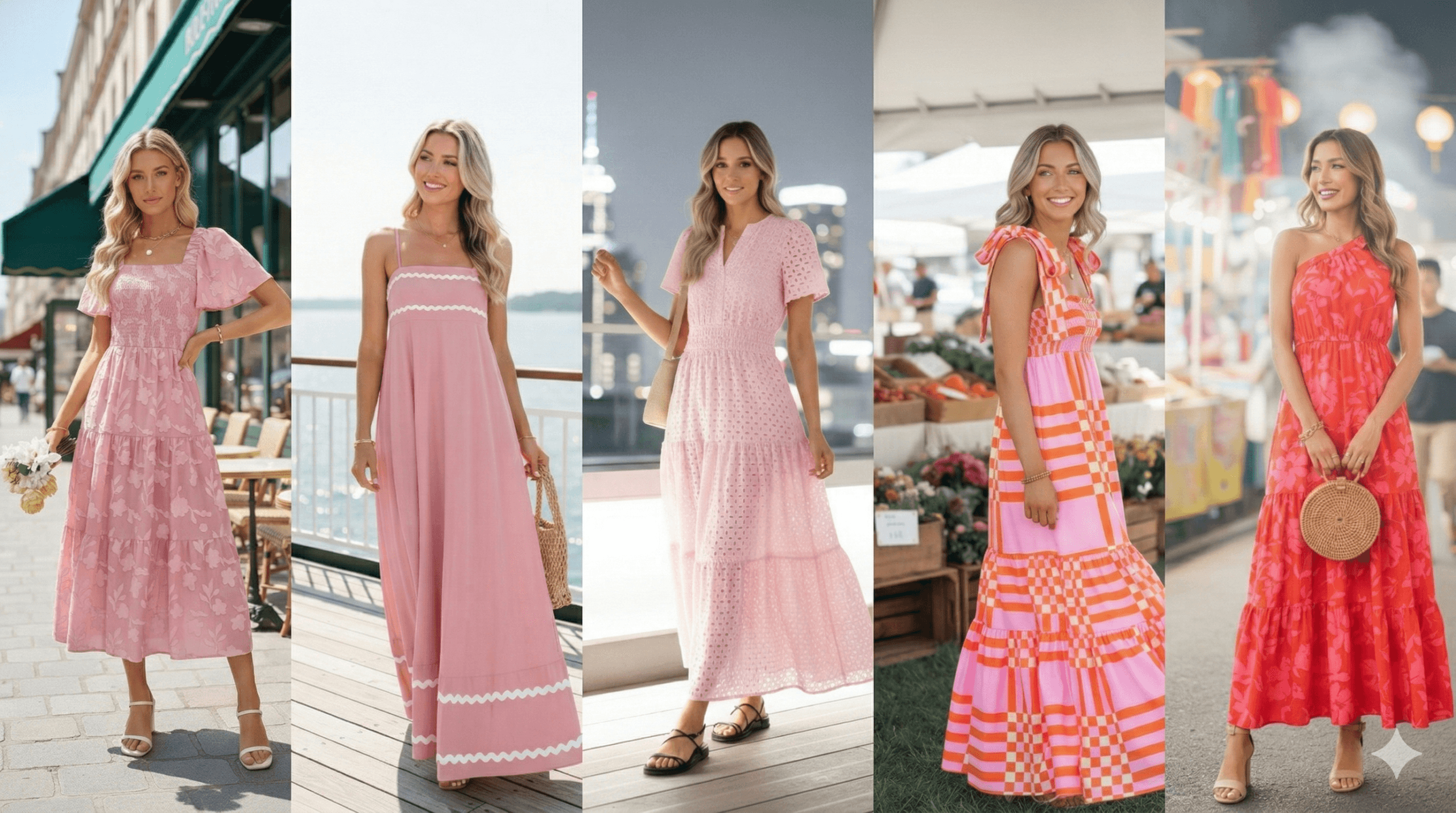 Summer Dress Outfit Inspiration: Five stylish friends in breezy pink dresses, lace details &amp; bold stripes&mdash;perfect for outdoor parties. Save this idea so you can come back to it later.