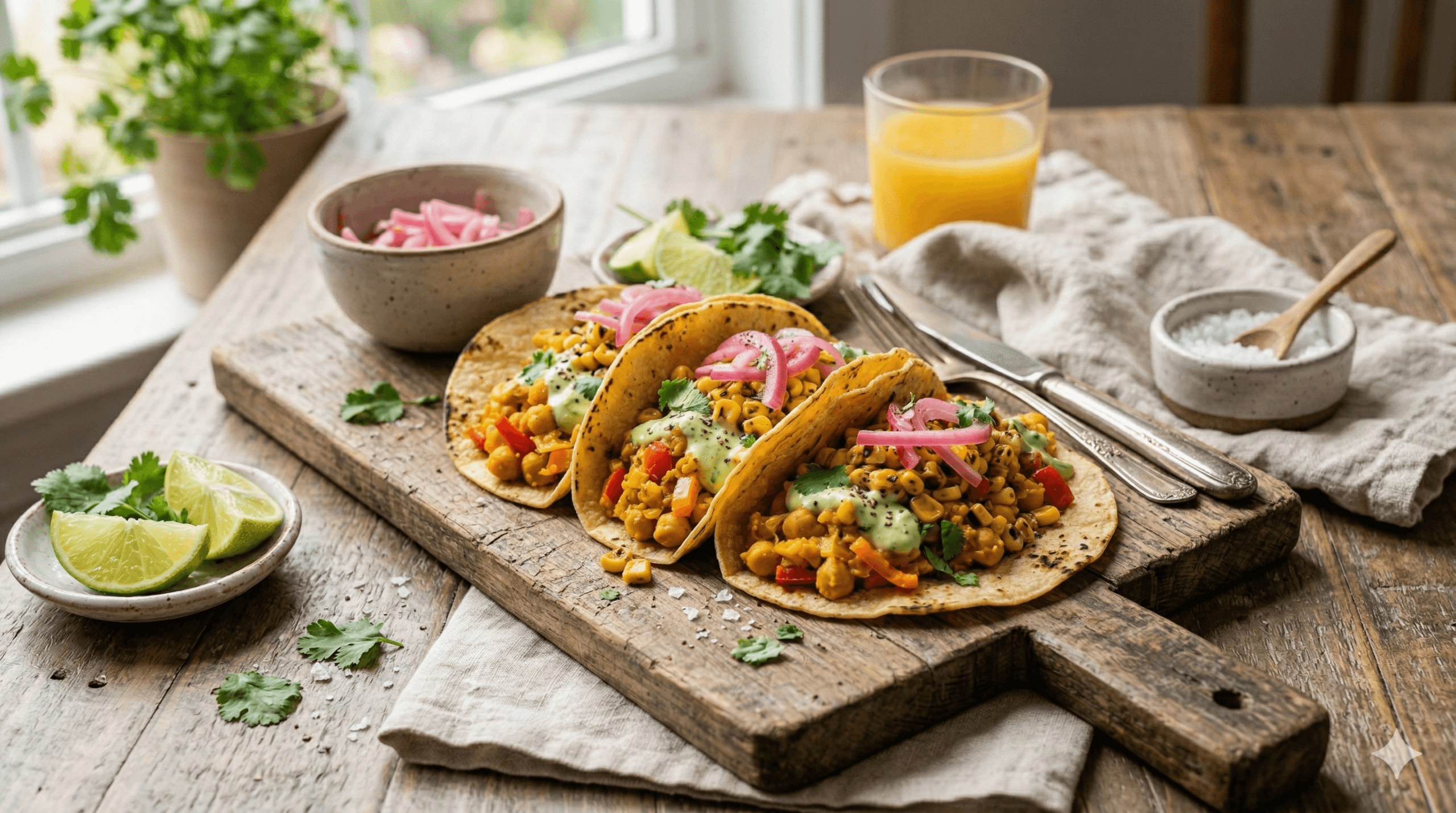 Chickpea Breakfast Tacos: Vibrant, nourishing tacos with green sauce, pickles &amp; citrus&mdash;ideal for healthy mornings. Save this idea so you can come back to it later.