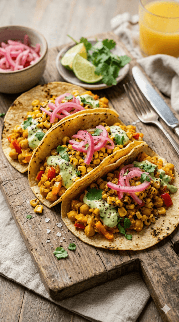 Chickpea Breakfast Tacos: Vibrant, protein-rich tacos with creamy avocado, pickled onions&mdash;easy plant-based brunch. Save this idea so you can come back to it later.