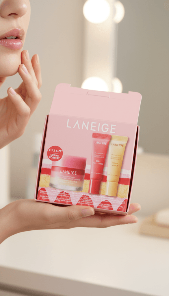 Summer Glow Skincare: Chic pink LANEIGE box with dewy serums, glossy packaging, ideal for radiant skin. Save this idea so you can come back to it later.