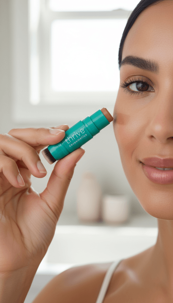 Summer Glow Contour Hack: Radiant woman uses silky Thrive Cosmo Power stick for light, flawless cheek contour&mdash;perfect daily makeup. Save this idea so you can come back to it later.