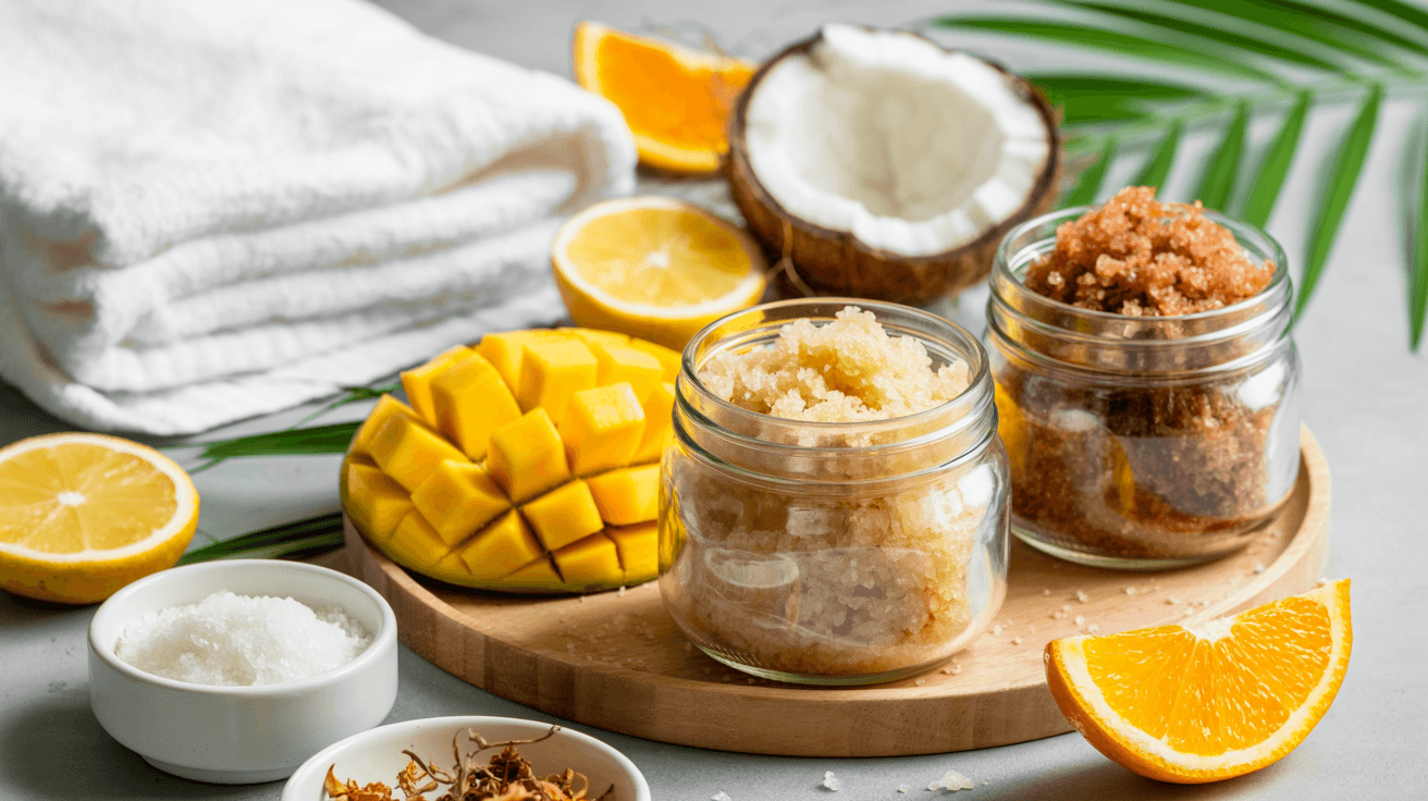Tropical Spa Body Scrub Board: Lush, handmade jars with mango cubes, citrus slices &amp; sea salt&mdash;refresh your glow. Save this idea so you can come back to it later.
