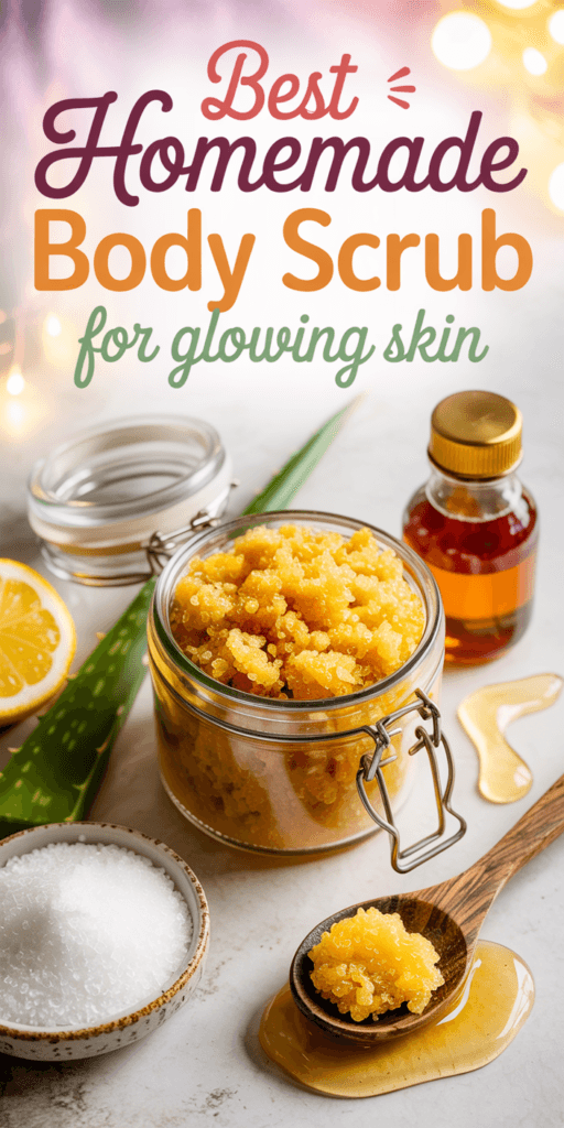 Glowing Skin Body Scrub: Lush jar with zesty lemon, fresh aloe, golden honey, pure oil&mdash;easy glow at home. Save this idea so you can come back to it later.
