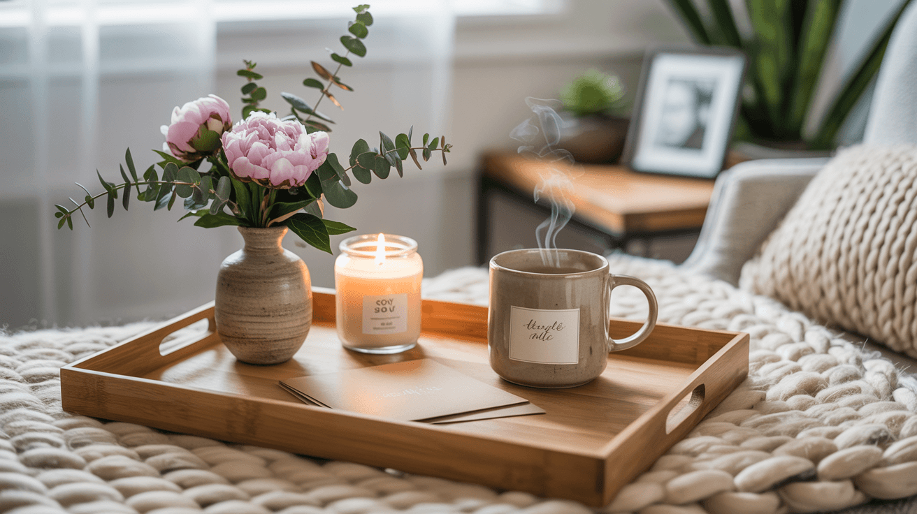 Last-Minute Mother’s Day Gifts Cozy, soothing wooden tray with fresh pink blooms, candlelight & hot coffee—easy luxe gifting. Save this idea so you can come back to it later.