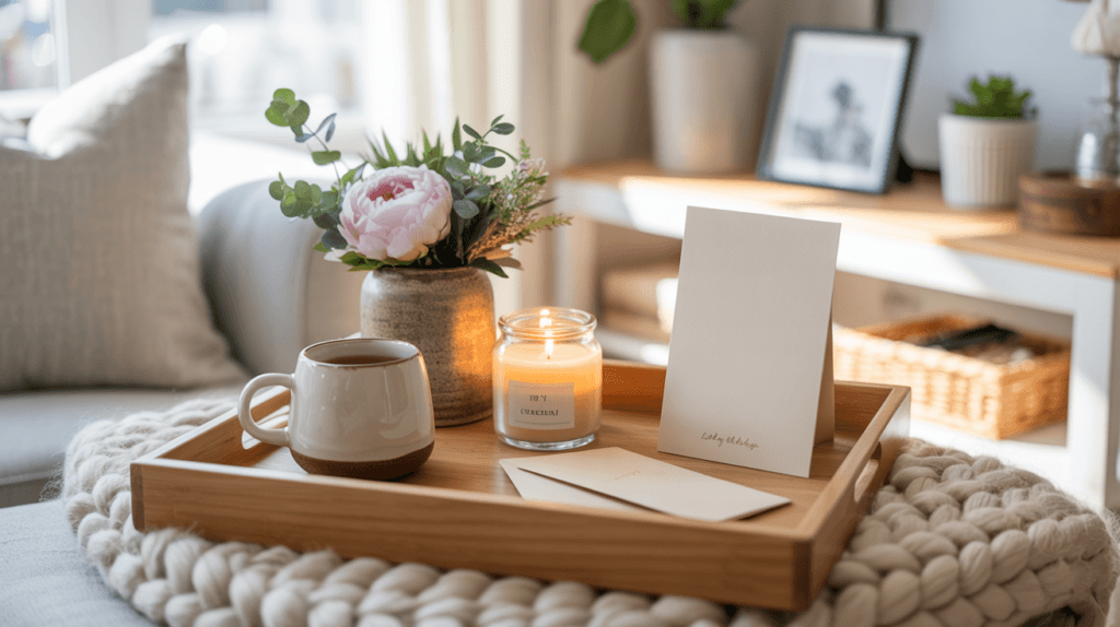 Mother&rsquo;s Day Gift Tray: Charming, serene wooden tray with a peony vase, candle &amp; mug&mdash;cozy gift idea. Save this idea so you can come back to it later.