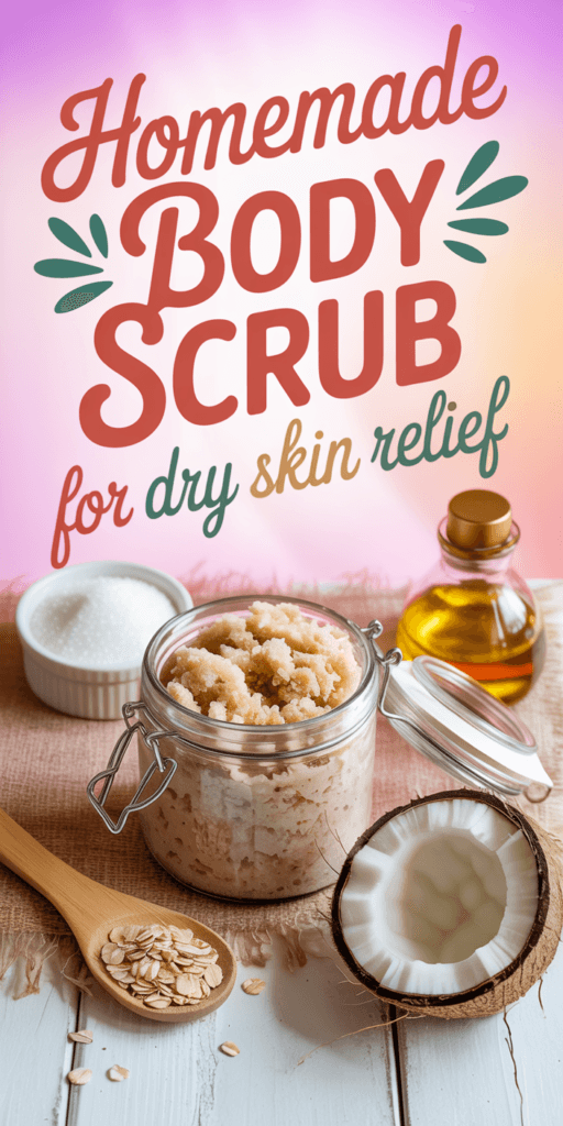 Nourishing Body Scrub: Rustic-glass jar with creamy oat-coconut mix, wooden spoon, and oils for deep hydration. Save this idea so you can come back to it later.