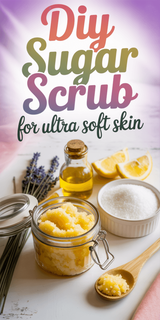 Glowing Skin DIY Scrub: Zesty yellow, grainy jar on a clean white table; softens &amp; soothes dry hands. Save this idea so you can come back to it later.