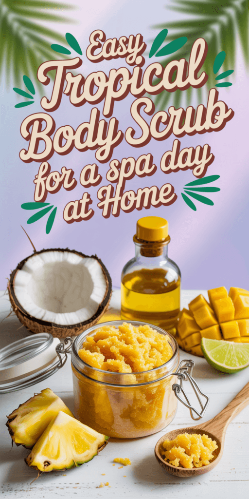 Tropical Body Scrub DIY: Bright, fresh jar with citrusy fruit, lush leaves&mdash;easy spa day at home. Save this idea so you can come back to it later.