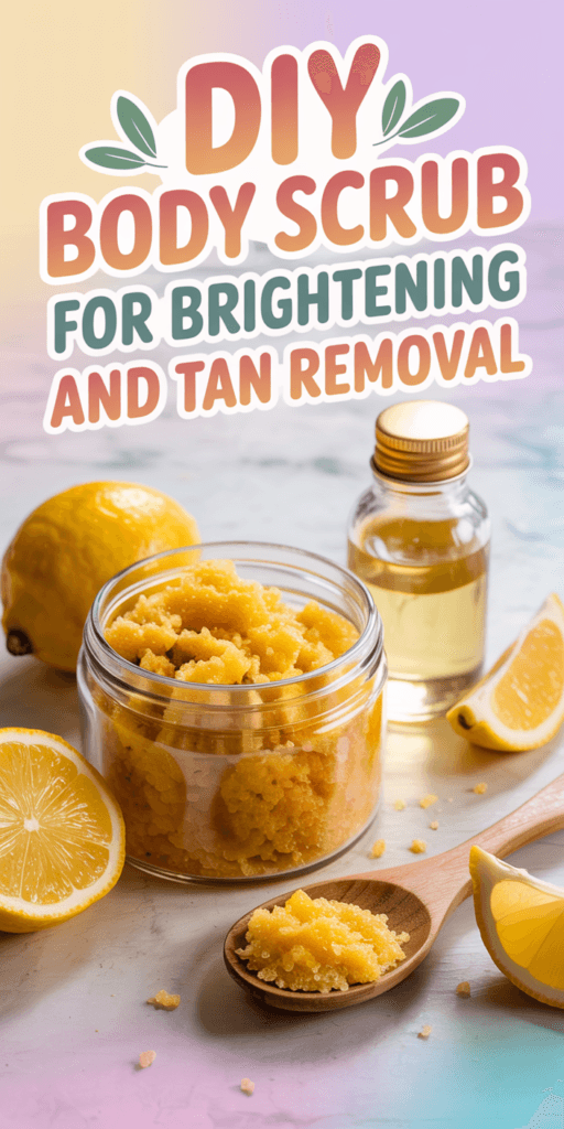 Glow-Boost Body Scrub: Lively lemony jar, rustic spoon, glass oil bottle&mdash;radiant skin solution. Save this idea so you can come back to it later.