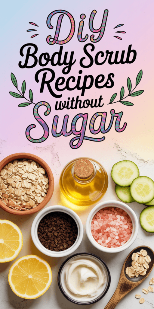 Sugar-Free DIY Body Scrub: Soft pastel vibes with oats, aromatic coffee, zesty lemon, creamy scrub. For glowing natural skin. Save this idea so you can come back to it later.