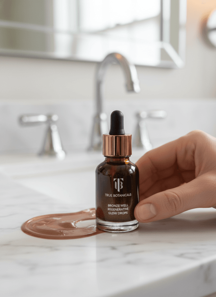 Glowing Skin Essentials: Luminous True Botanicals Glow Drops on marble sink, rich bronze spill by chic silver taps&mdash;summer radiance. Save this idea so you can come back to it later.