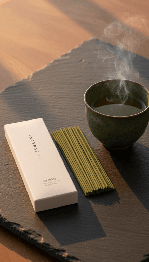 Tea &amp; Incense Relaxation: Cozy green ceramic cup of aromatic tea and fresh incense sticks, ideal for unwinding. Save this idea so you can come back to it later.