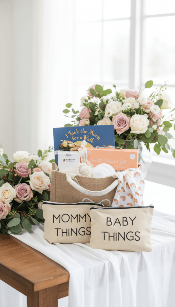 Mother&rsquo;s Day Baby Shower Set: Thoughtful, cozy essentials &amp; labeled pouches on a floral table&mdash;ideal for quick gifting. Save this idea so you can come back to it later.