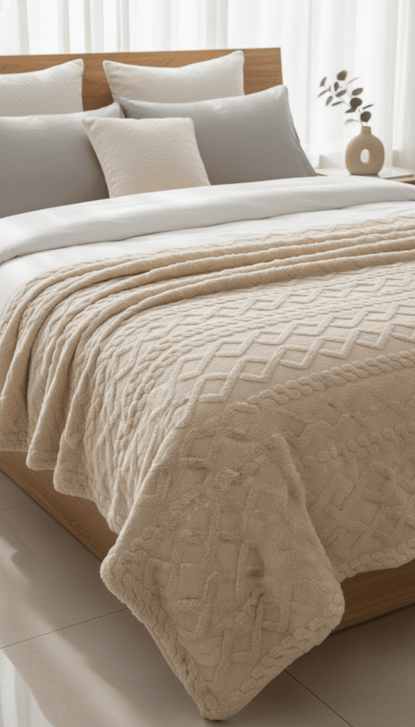 Cozy Bedscape for Gift-Givers: Plush beige blanket, crisp pillows, wood frame, leafy vase&mdash;inviting and serene. Save this idea so you can come back to it later.