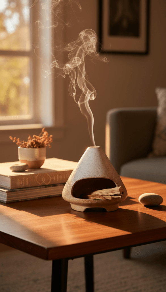 Teepee Incense Burner: Relaxing, aromatic ceramics diffuse swirling smoke on a sunlit wood table&mdash;boosts calm. Save this idea so you can come back to it later.