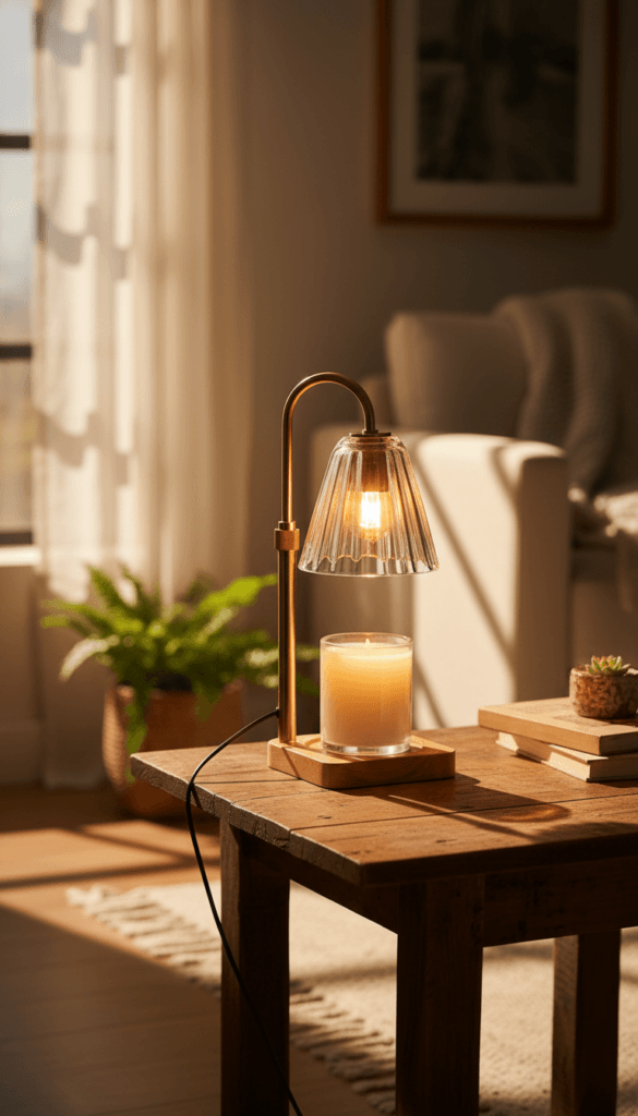 Cozy Mother&rsquo;s Day Gift Lounge: Warm wooden coffee table glows with lamp, gifts &amp; scent candle&mdash;relaxing retreat. Save this idea so you can come back to it later.