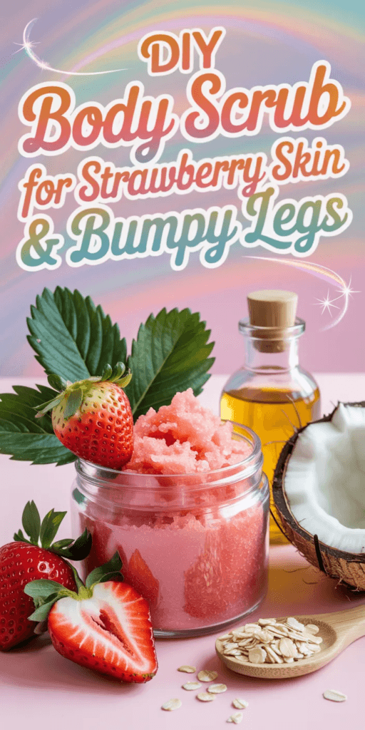 Strawberry Glow Body Scrub: Vibrant, nourishing jar with fresh coconut &amp; oats for silky smooth legs. Save this idea so you can come back to it later.
