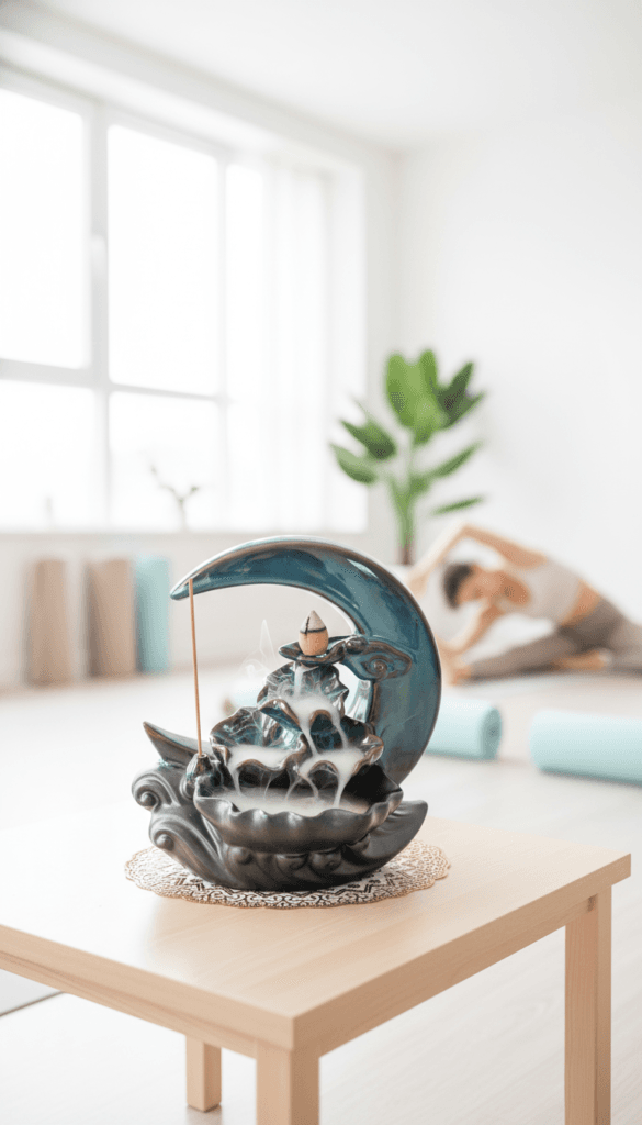 Zen Decor Inspiration: Tranquil ceramic fisherman incense burner with wisps of smoke, ideal for calming yoga spaces. Save this idea so you can come back to it later.