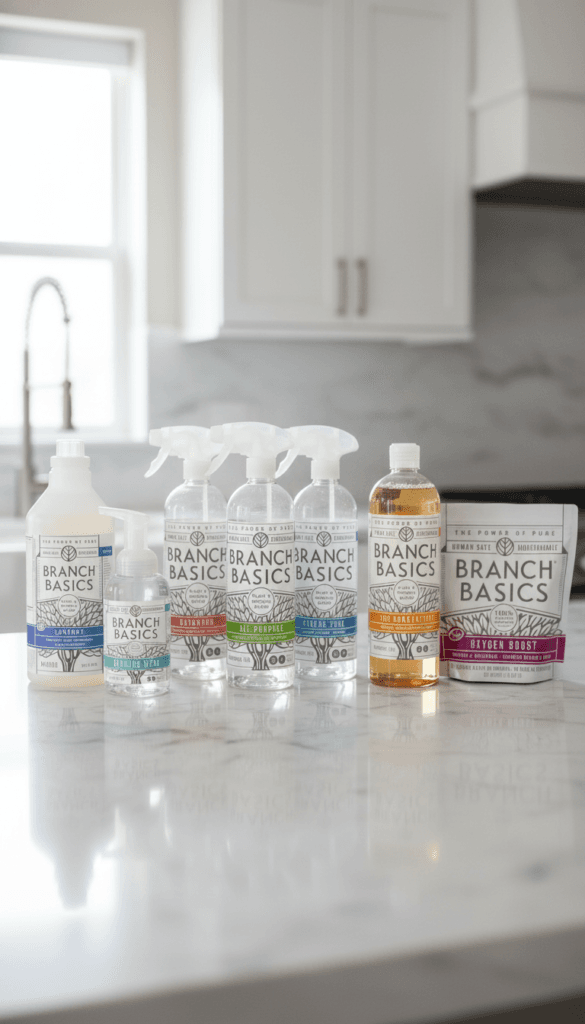Natural Home Cleaning Must-Haves: Sleek, fragrance-free Branch Basics bottles on a spotless marble counter&mdash;ideal for new homeowners. Save this idea so you can come back to it later.