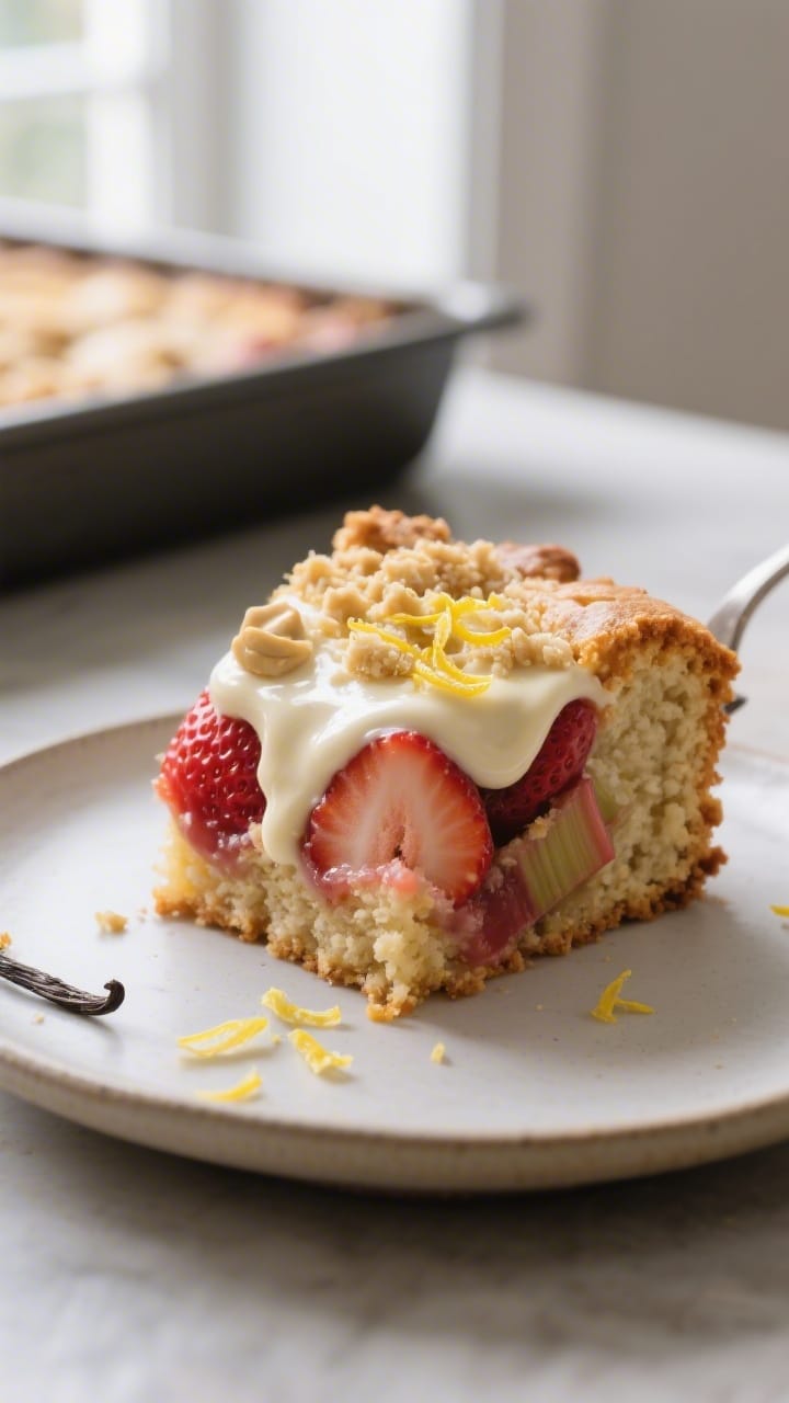 Close-up detail: A baked slice of vegan strawberry rhubarb breakfast cake just lifted from the pan, 