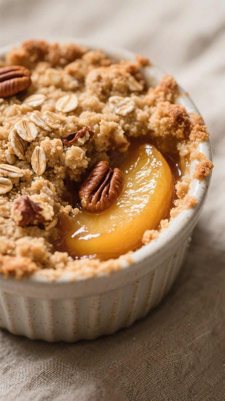 Close-up detail: A freshly baked peach cobbler cup just out of the oven, bubbling cinnamon-kissed pe