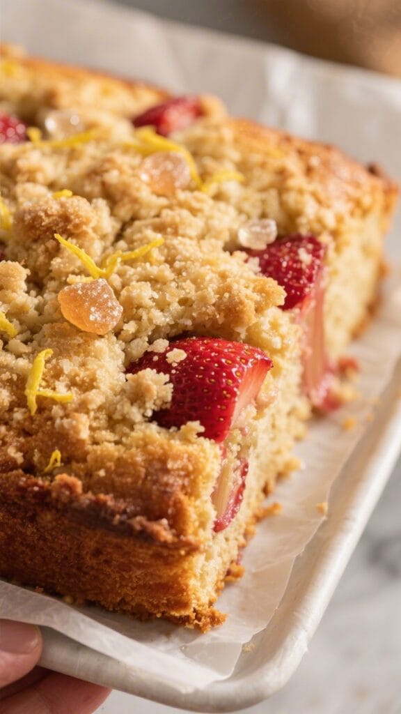 Close-up detail: A just-baked vegan strawberry rhubarb breakfast cake corner lifted from an 8-inch s