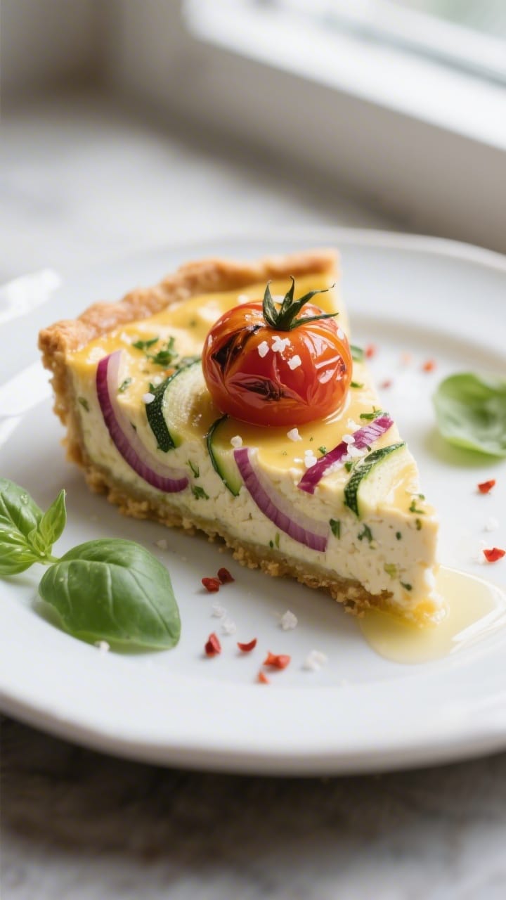 Close-up detail: A just-baked Vegan Tofu Quiche with Heirloom Tomato, Zucchini Ribbons, Fresh Basil, and Herb-Infused Crust - A Bright, Flavor-Packed Morning Dish