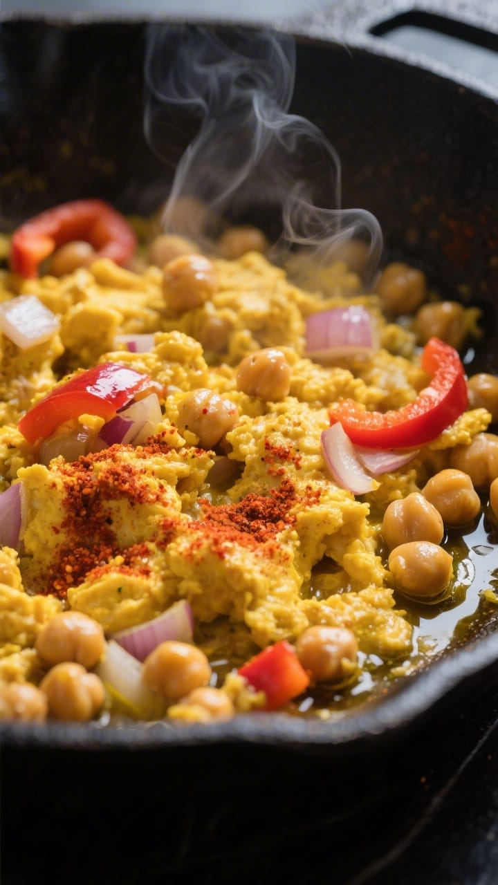 Close-up detail: Chickpea scramble sizzling in a skillet right after spices are bloomed&mdash;golden-yel
