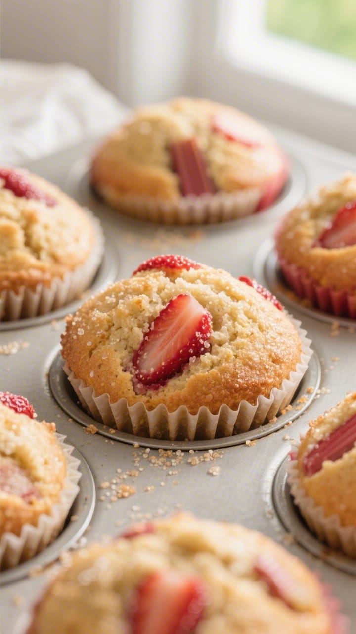 Close-up detail: Freshly baked vegan strawberry rhubarb muffins just out of the oven, golden domed t