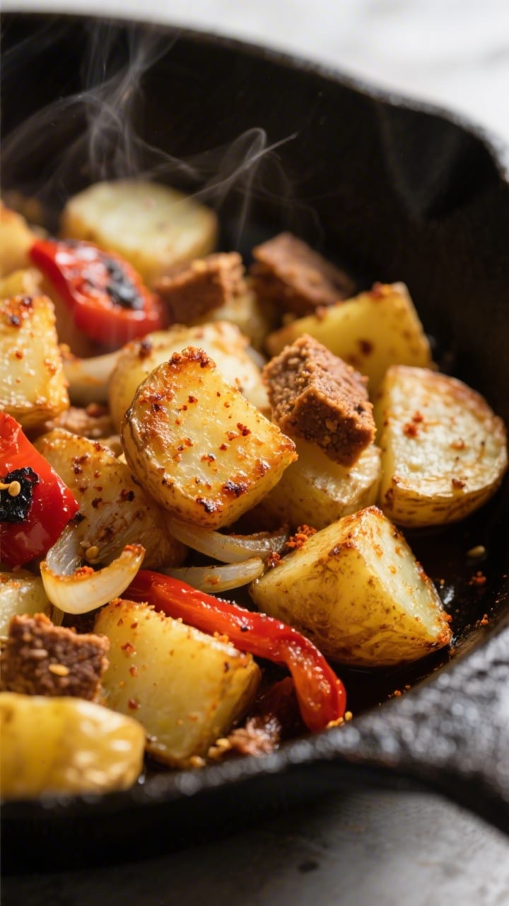 Close-up detail: Golden, crispy Yukon Gold potato cubes seared in a cast-iron skillet, edges blister