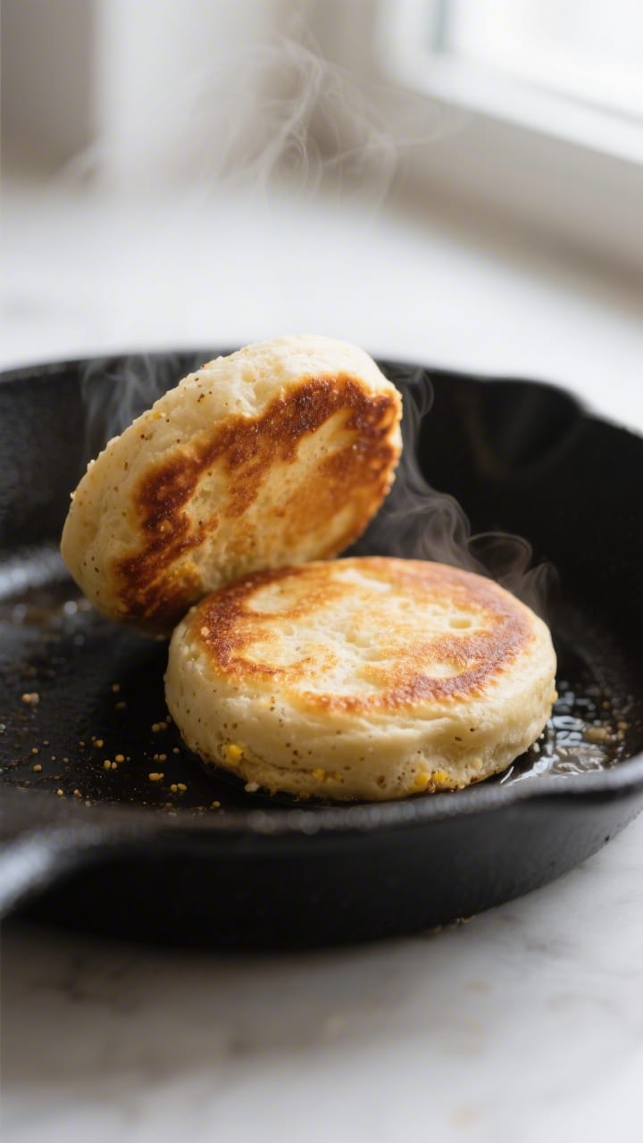 Close-up detail: Golden-edged vegan English muffins cooking in a nonstick skillet, cornmeal-speckled