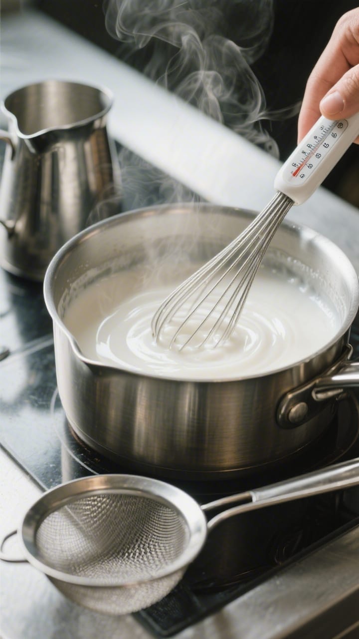 Cooking process: Agar-activated coconut base being whisked at a gentle simmer in a stainless saucepa