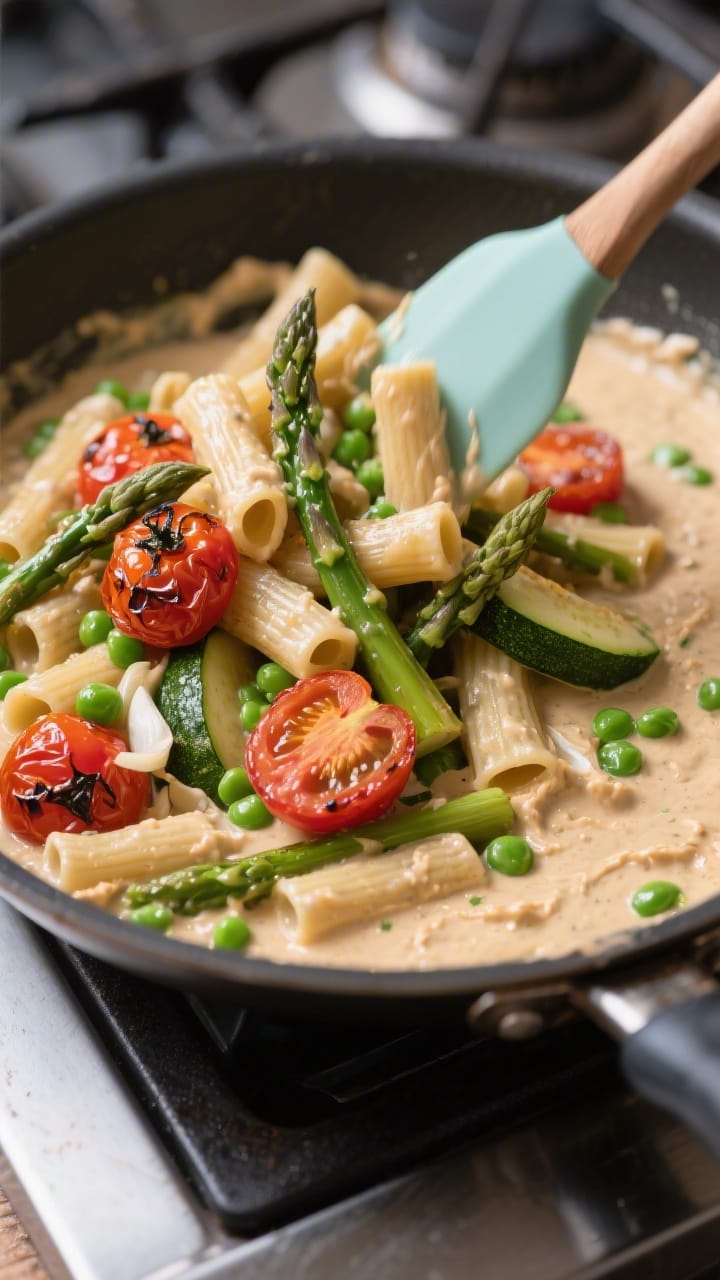 Cooking process: Blistered cherry tomatoes and crisp-tender asparagus and zucchini being folded back