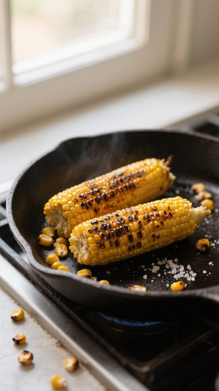 Cooking process: Charred sweet corn in a cast-iron pan, kernels caramelized with golden-brown and li