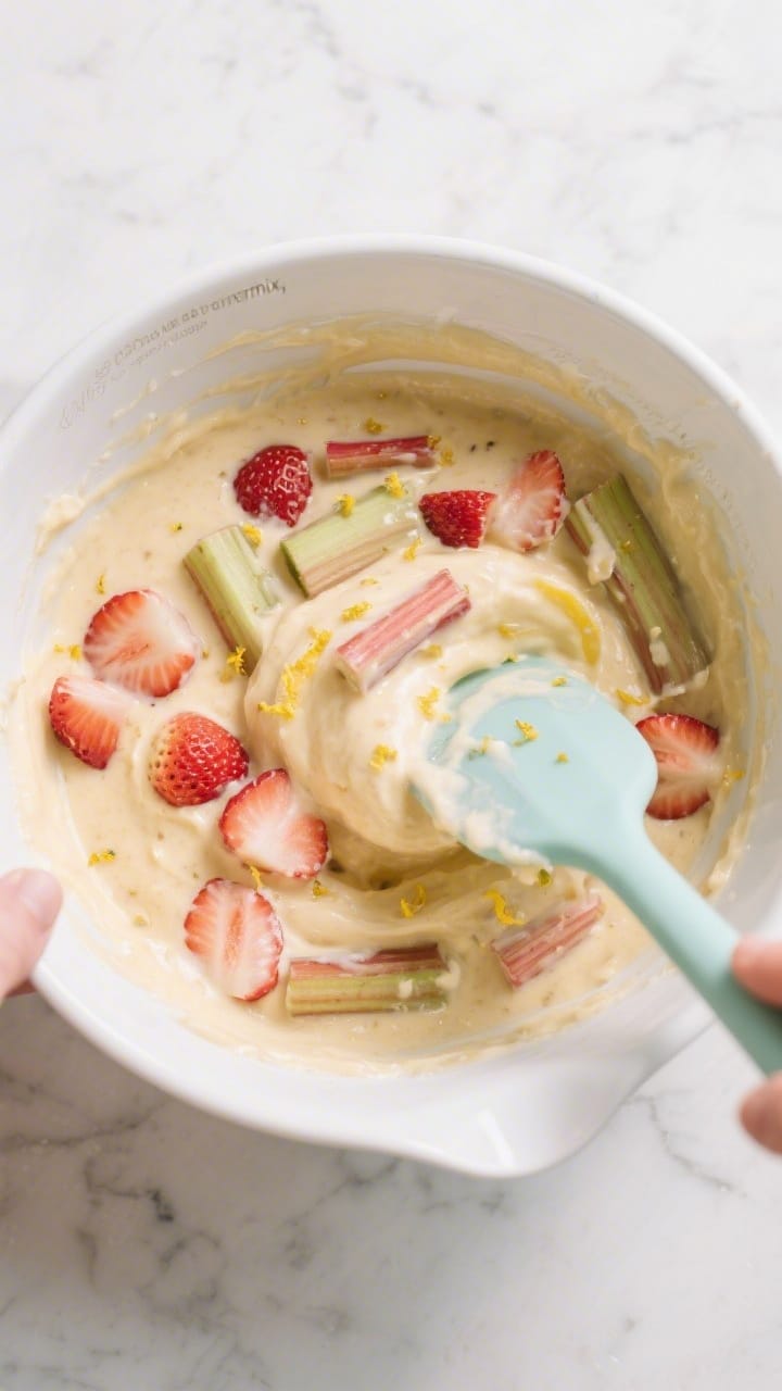 Cooking process: Overhead shot of muffin batter being gently folded in a mixing bowl, showing strawb
