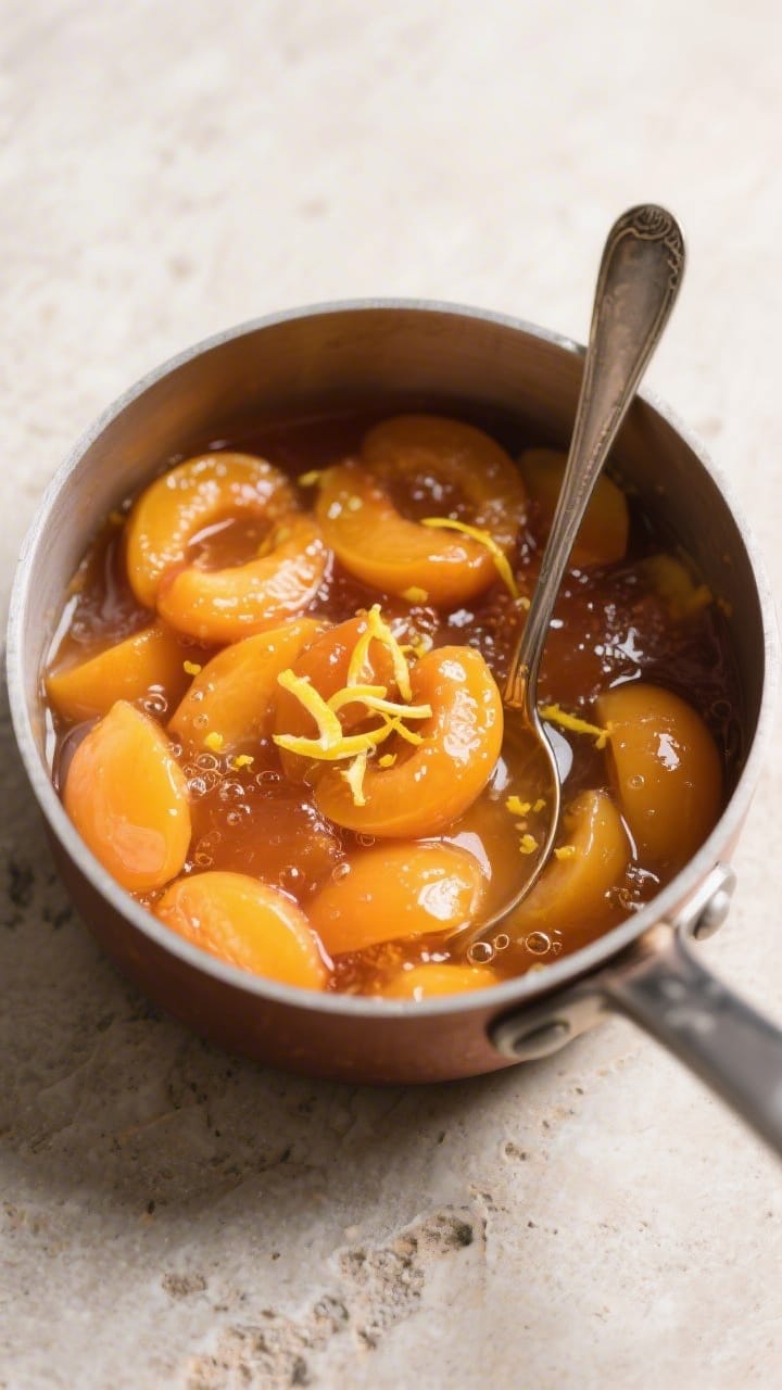 Cooking process: Small saucepan of jammy apricot compote mid-simmer, chopped apricots plumped and gl
