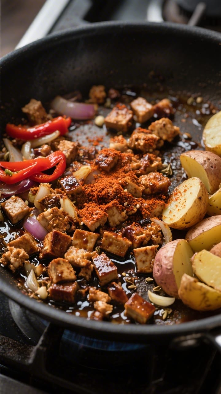 Cooking process: Smoky tempeh crumbles sizzling in a large skillet, evenly browned with a glossy soy