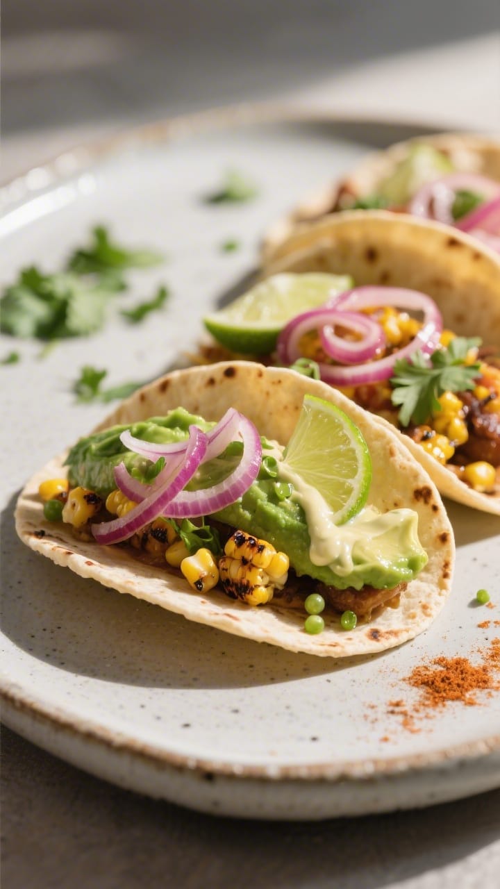 Final dish beauty: Restaurant-quality plated tacos on a matte stoneware platter&mdash;focus on one taco 