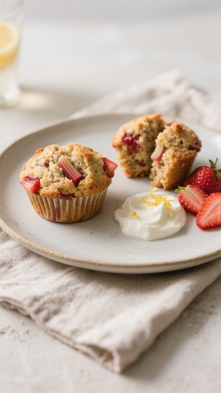 Final dish presentation: Restaurant-quality plate with two split vegan strawberry rhubarb muffins sh