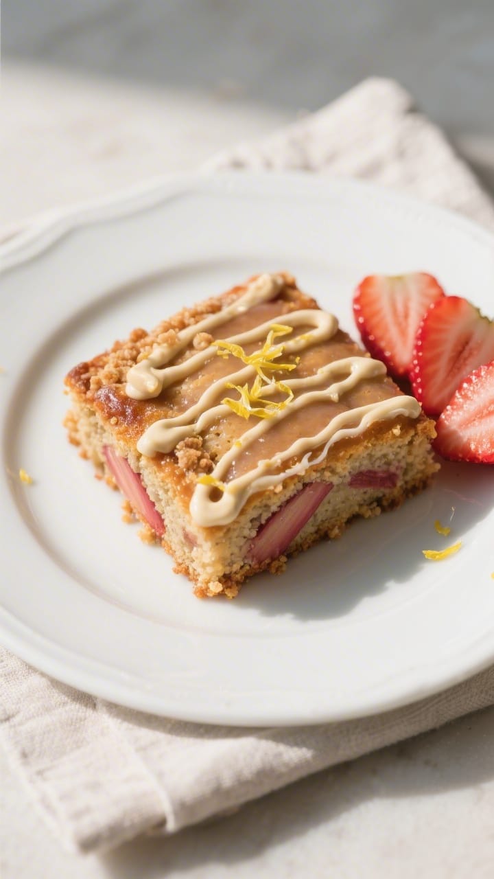 Final dish presentation: Restaurant-quality plated square of the glazed vegan strawberry rhubarb bre