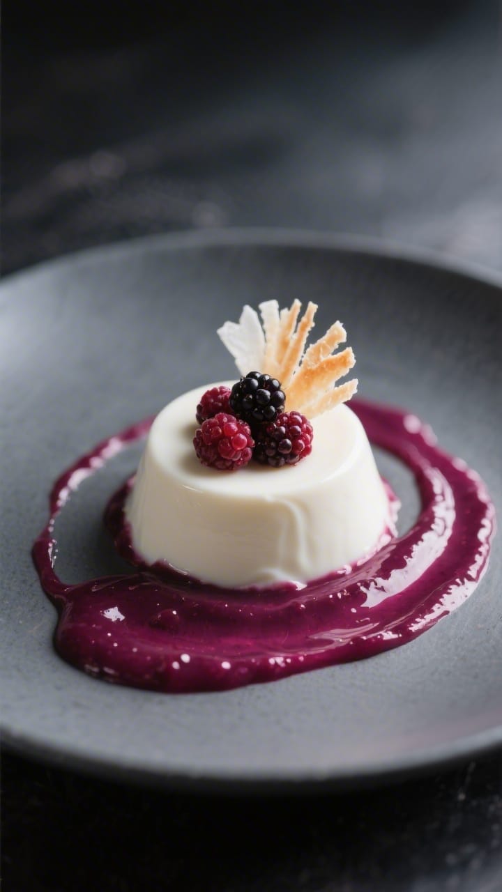 Final dish presentation: Restaurant-quality plated panna cotta on a slate-gray plate with a dramatic