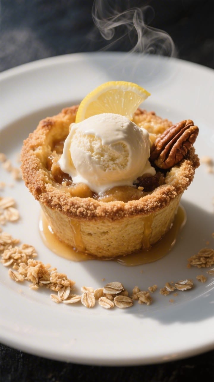 Final dish presentation: Restaurant-quality plating of a single cobbler cup served warm with a scoop