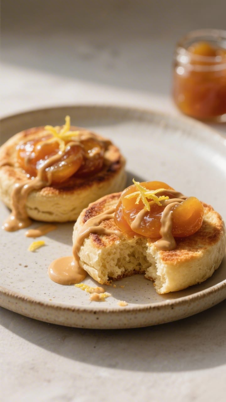 Golden-brown English Muffins with Apricot Compote and almond butter drizzle